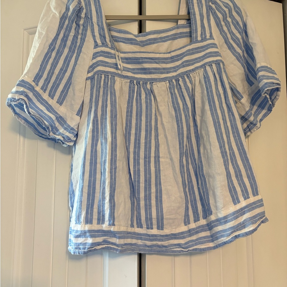 Blue & White Striped Square-Neck Peasant Top